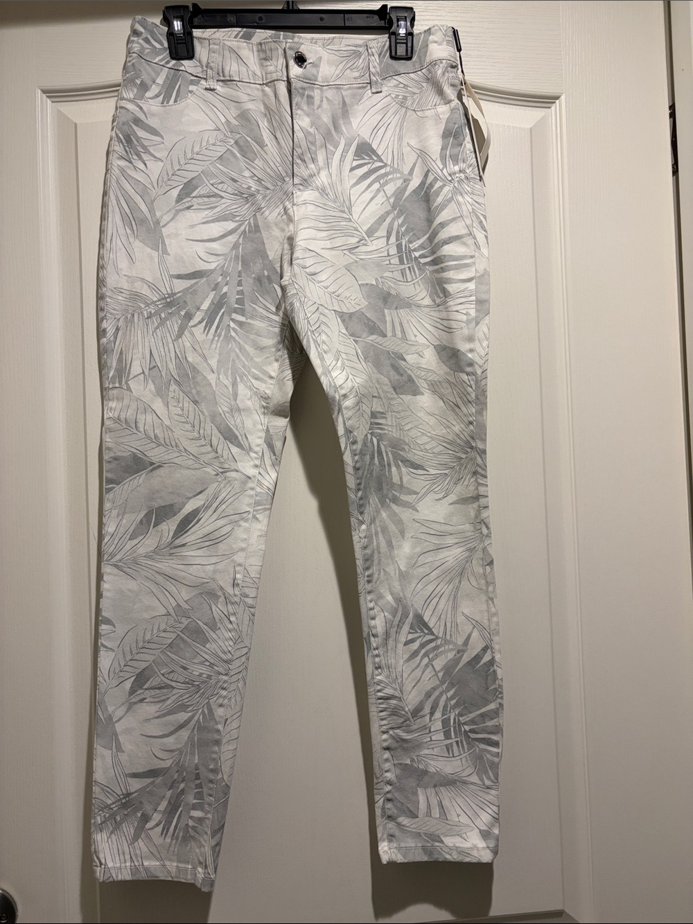 Calvin Klein White Jeans with Light Gray Leaf Print